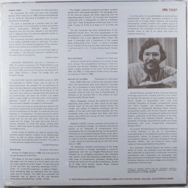Gross, Robert, Andrew Imbrie, Ernst Krenek, Leonard Rosenman, Bruno Bartolozzi, Heinrich Ignaz Franz Biber, Richard Grayson - Impromptu / Sonata / Duo / Variazioni / Passacaglia (VG+) (Vinyl LP)