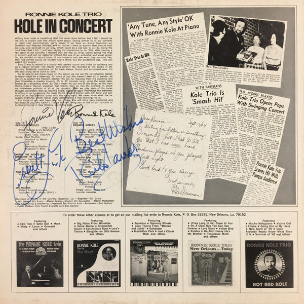 Kole, Ronnie Trio - Kole In Concert (VG+) (Vinyl LP)