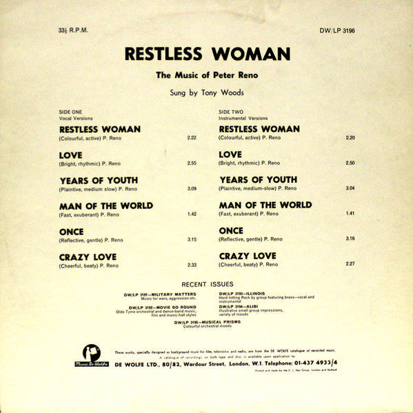 Reno, Peter & Tony Woods  - Restless Woman (VG) (Vinyl LP)