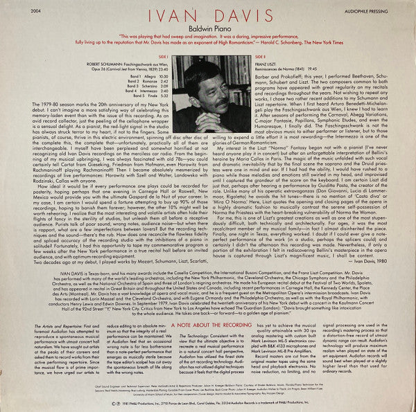 Davis , Robert Schumann / Franz Liszt - Faschingsschwank Aus Wien, Opus 26 = Carnival Jest From Vienna: 1839 / Reminiscences De Norma: 1841 (VG) (Vinyl LP)