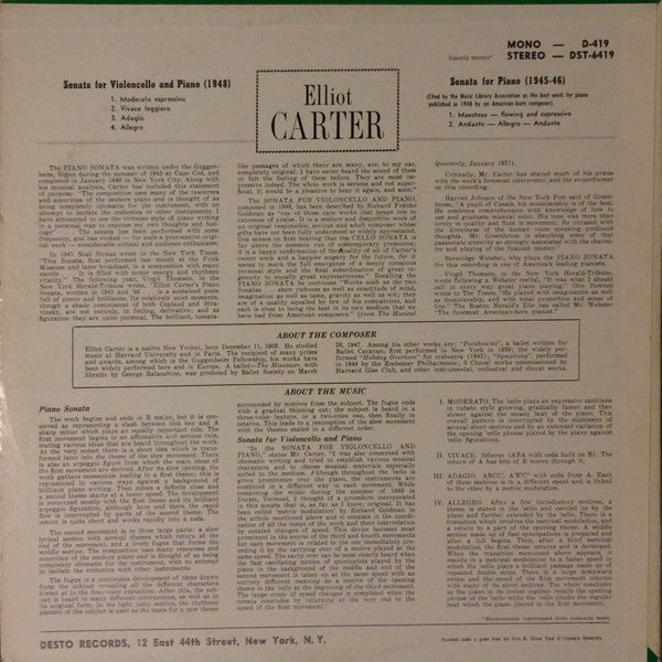 Carter, Elliot, Beveridge Webster, Bernard Greenhouse, Anthony Makas - Sonata For Piano/Sonata For Violoncello And Piano (VG) (Vinyl LP)