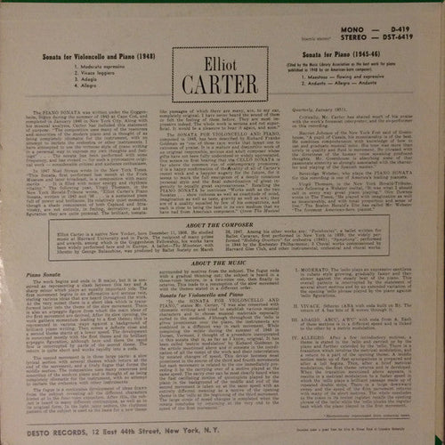 Carter, Elliot, Beveridge Webster, Bernard Greenhouse, Anthony Makas - Sonata For Piano/Sonata For Violoncello And Piano (VG) (Vinyl LP)