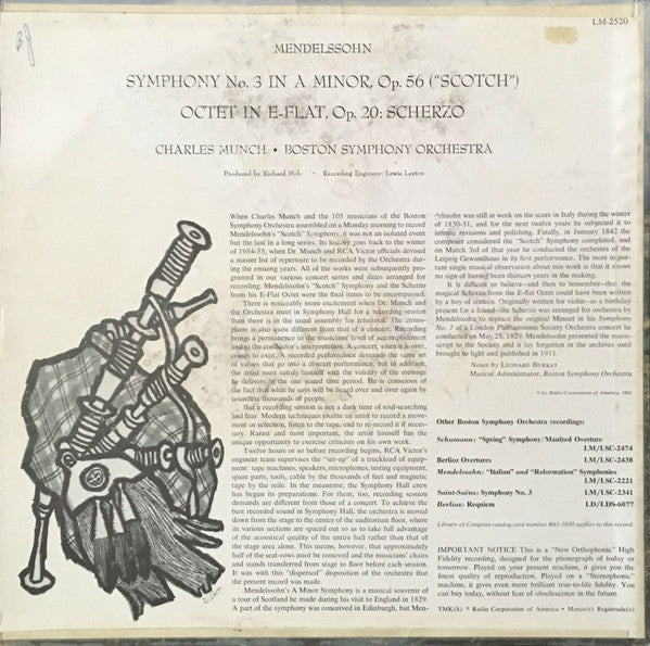 Mendelssohn; Charles Munch Conducting Boston Symphony Orchestra - Scotch Symphony (VG+) (Vinyl LP)