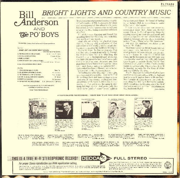Anderson, Bill And The Po' Boys - Bright Lights And Country Music (Vinyl, VG) (Vinyl LP)
