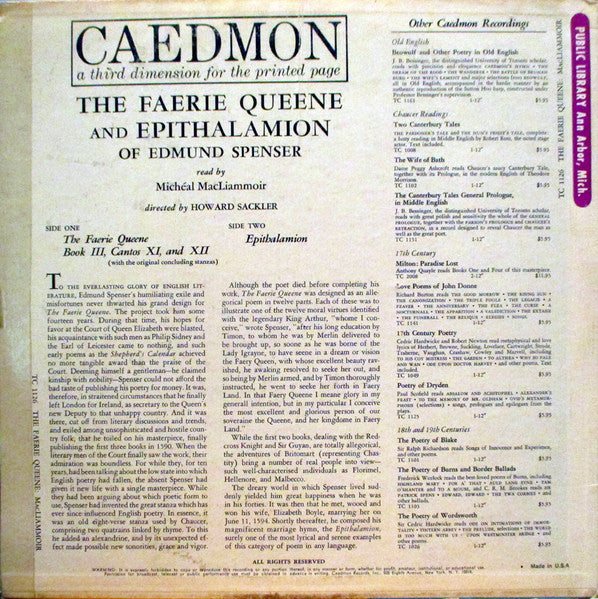 Spenser, Edmund - The Faerie Queene And Other Poetry Of Edmund Spenser (Vinyl, VG+) (Vinyl LP)