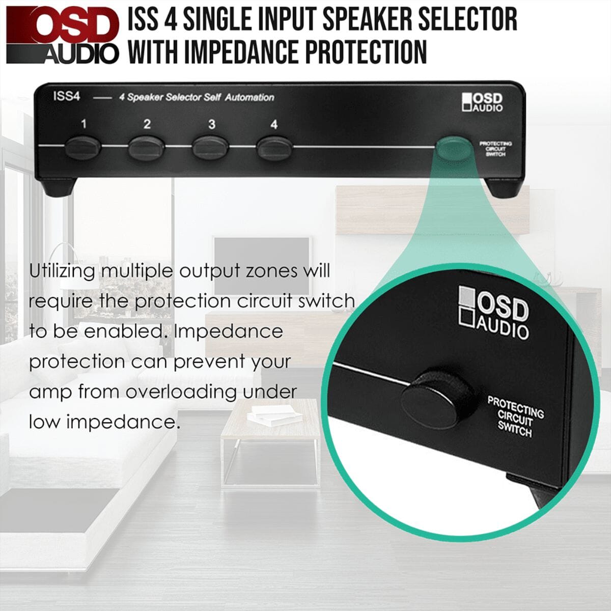 OSD Audio ISS4 4 Zone Speaker Selector Switch with Impedance Protection